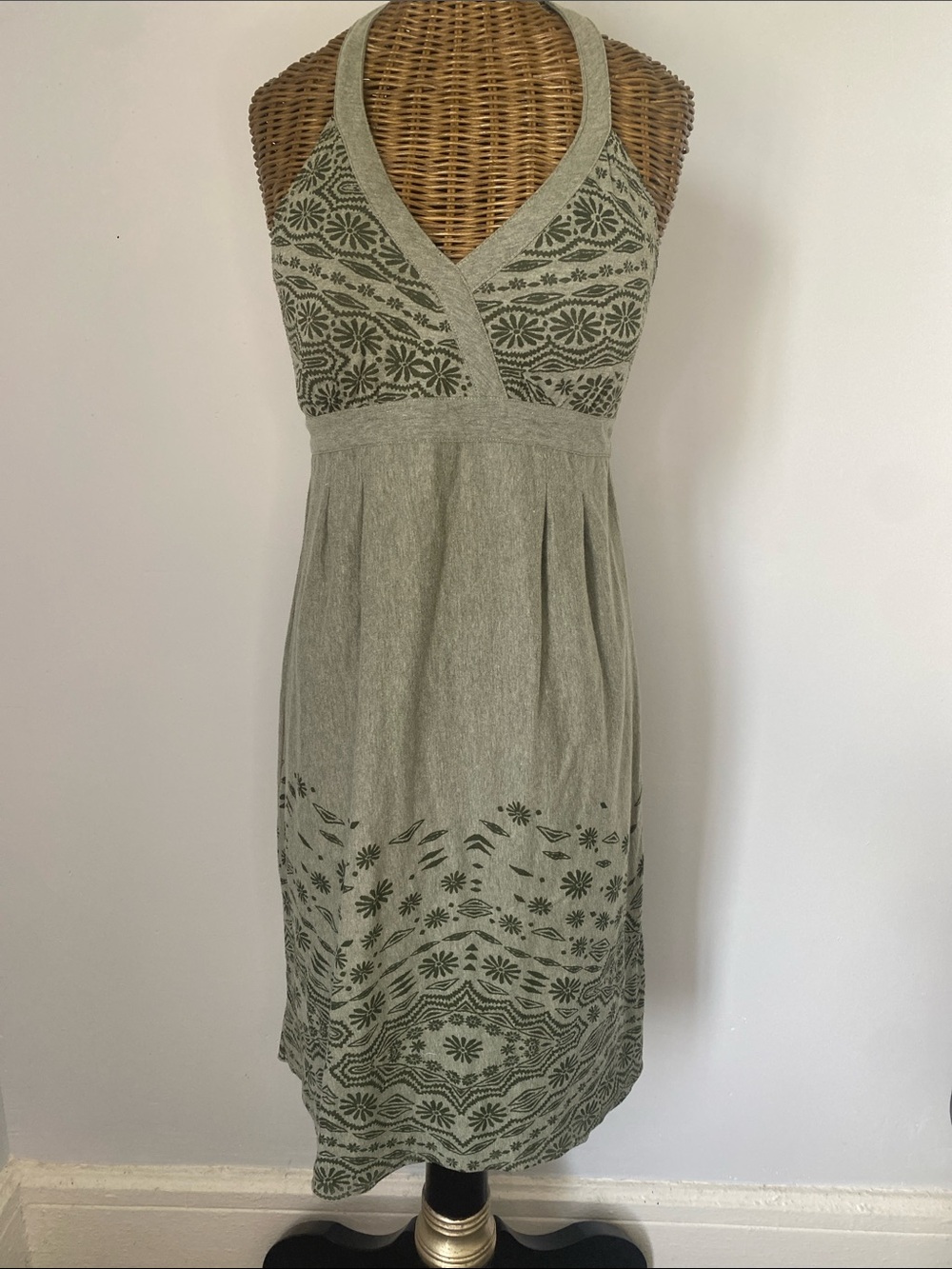 Athleta Olive Green Halter Midi Dress with Floral Border Print